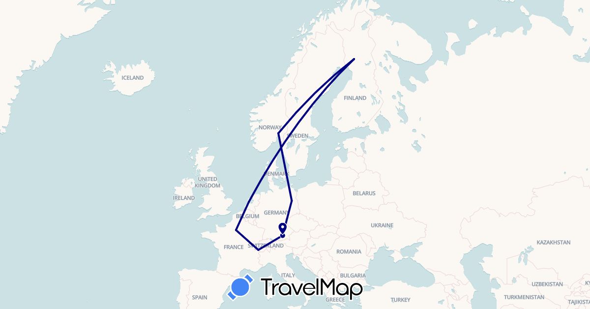 TravelMap itinerary: driving in Germany, Finland, France, Netherlands, Norway (Europe)